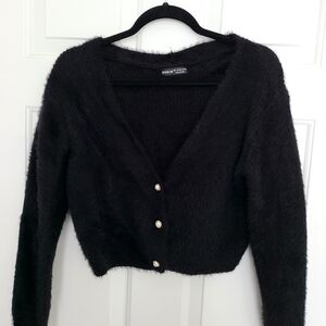 SHEIN Black Fuzzy V-Neck Button Cardigan Sweater